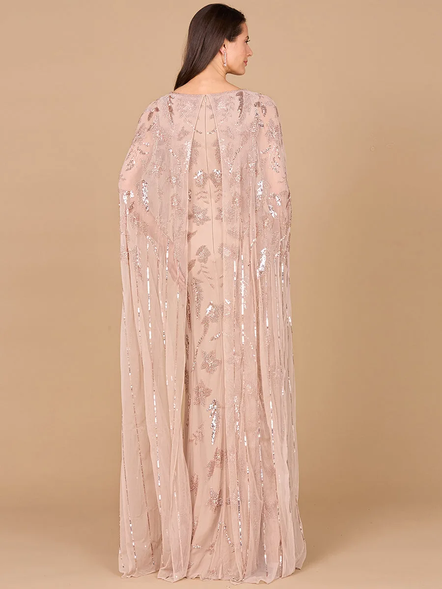 Beaded Sheath Dress with Long Cape by Lara New York — style 29090