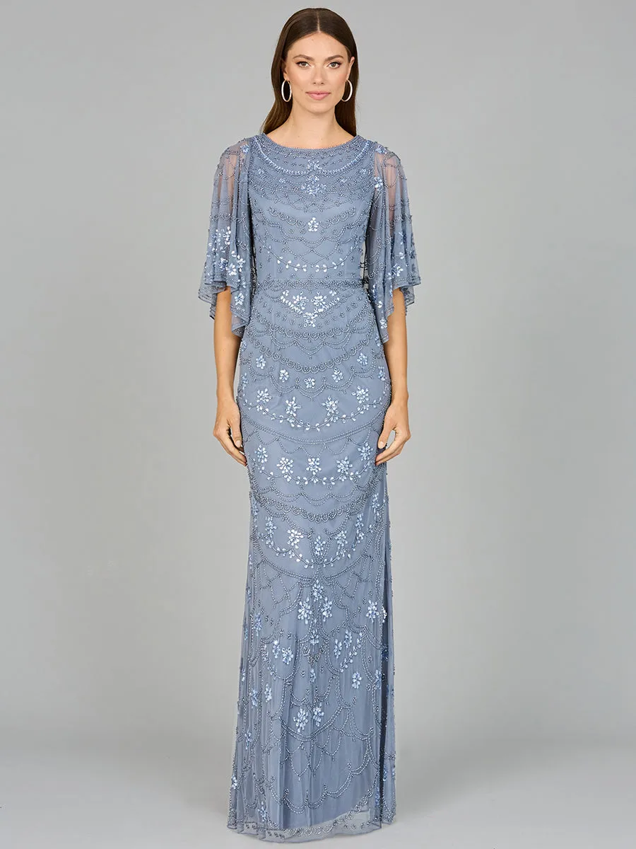 High Neck, Cape Sleeve Beaded Gown by Lara New York — style 29091 in Dusty Periwinkle