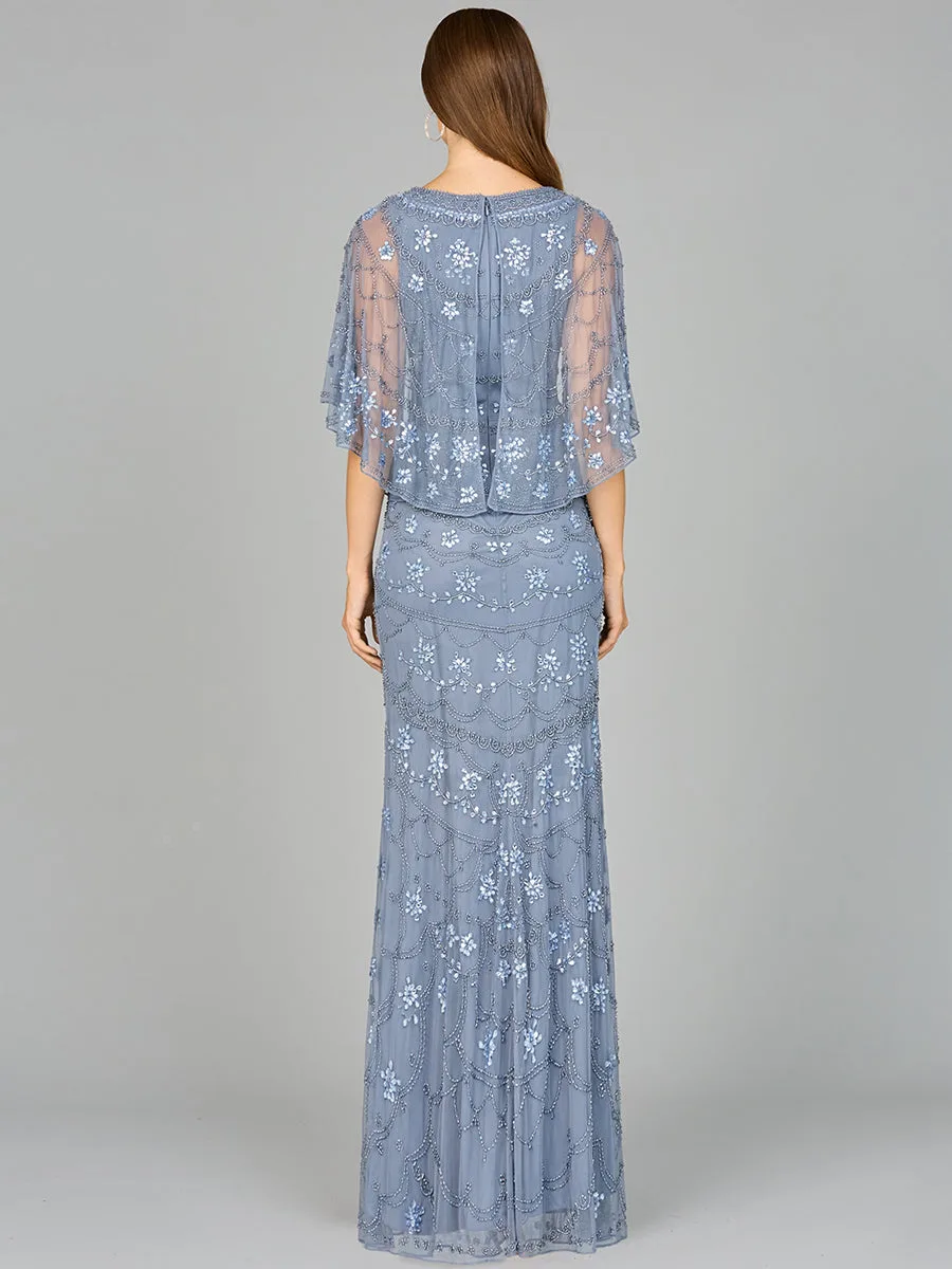 High Neck, Cape Sleeve Beaded Gown by Lara New York — style 29091