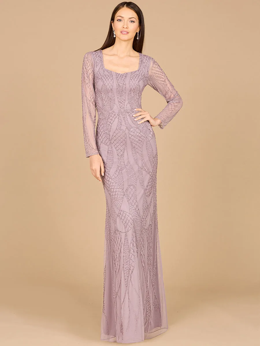 V Neck Beaded Long Sleeve Dress by Lara New York — style 29094 in Dusty Lavender