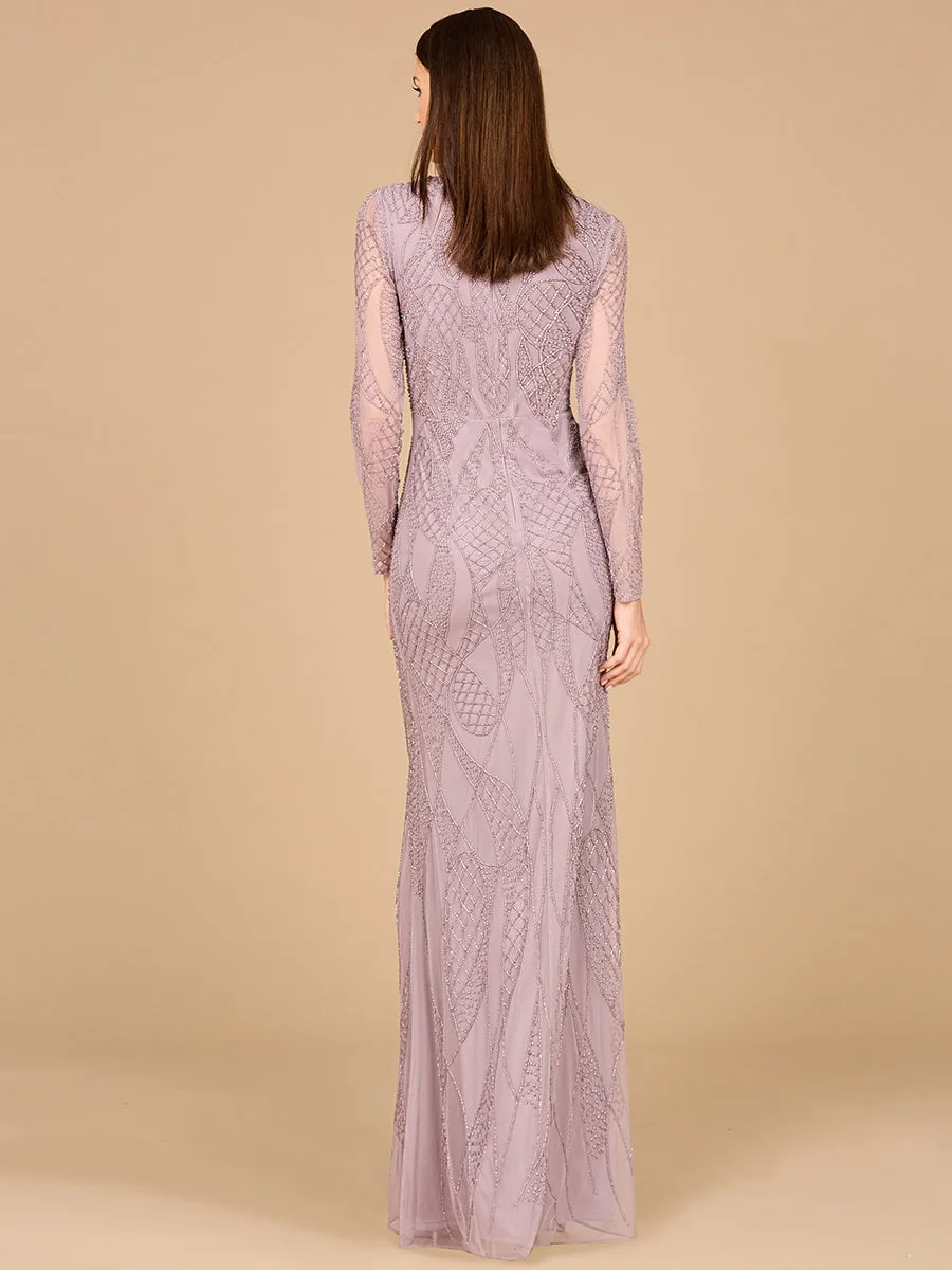 V Neck Beaded Long Sleeve Dress by Lara New York — style 29094