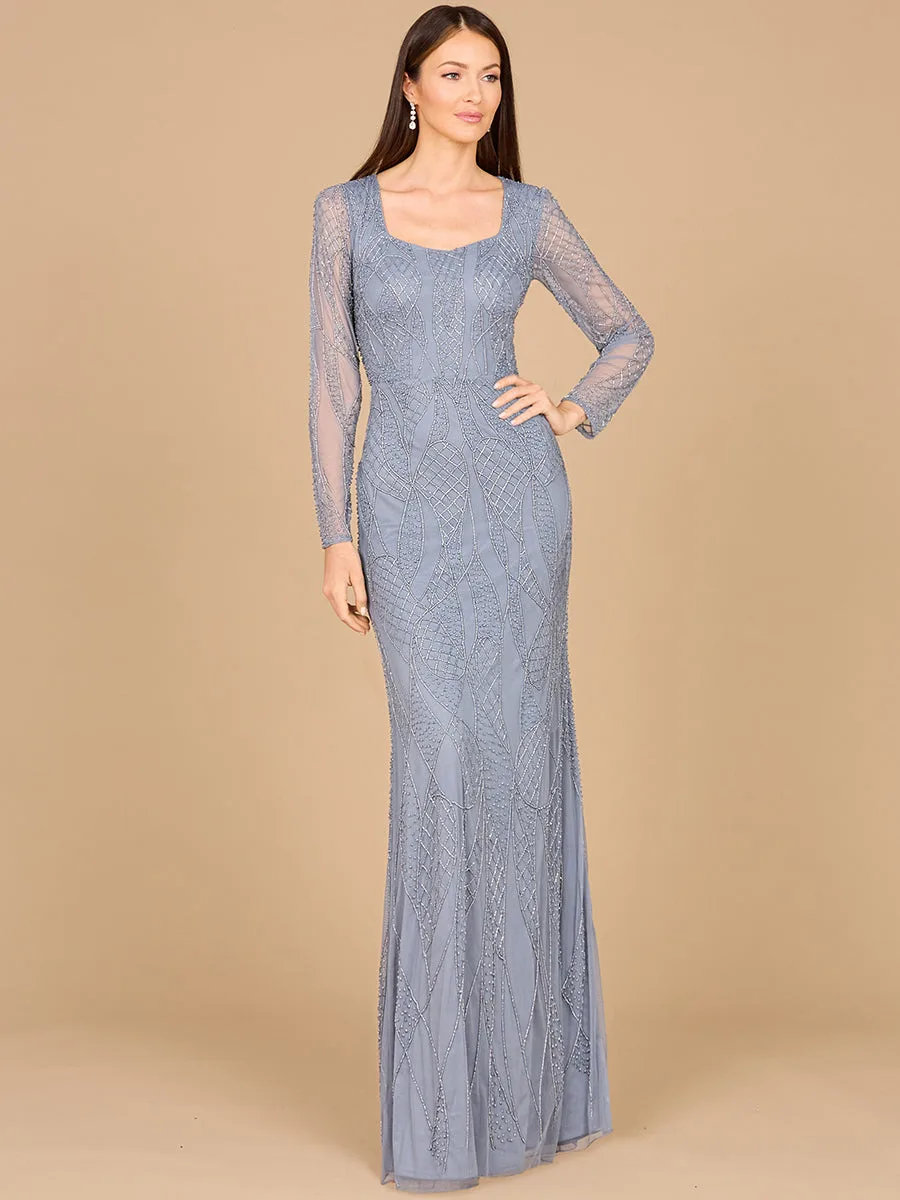 V Neck Beaded Long Sleeve Dress by Lara New York — style 29094