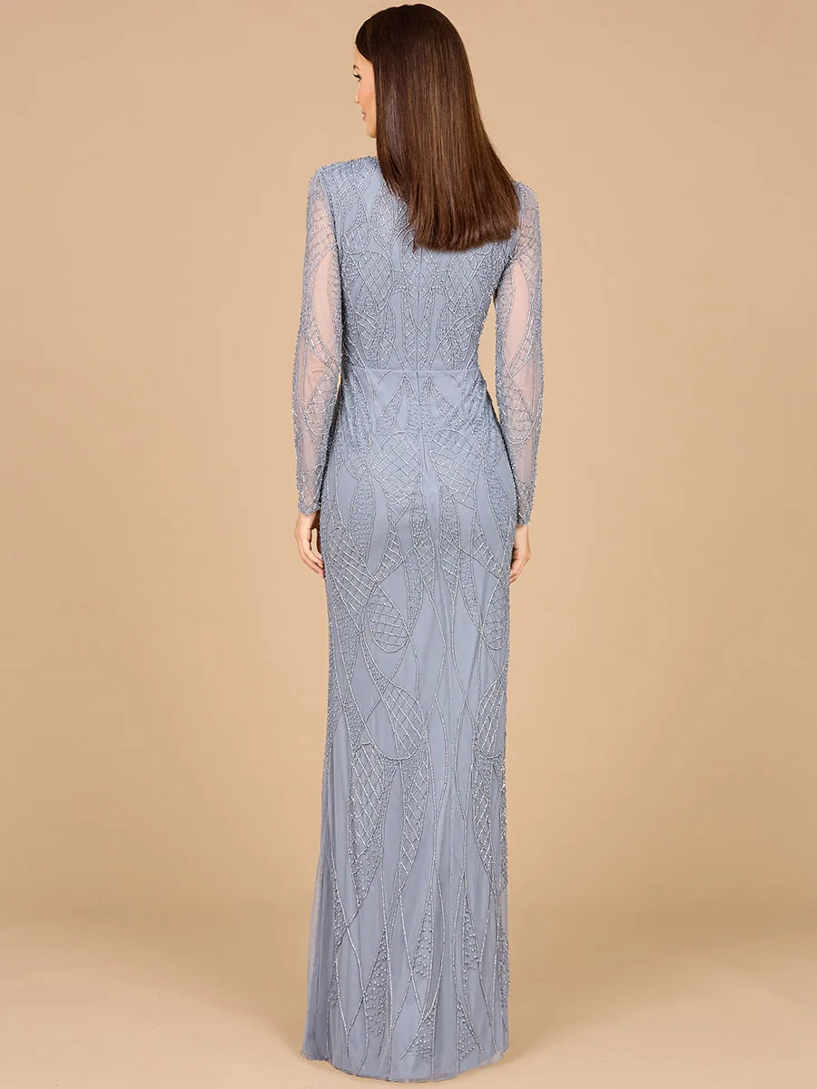 V Neck Beaded Long Sleeve Dress by Lara New York — style 29094