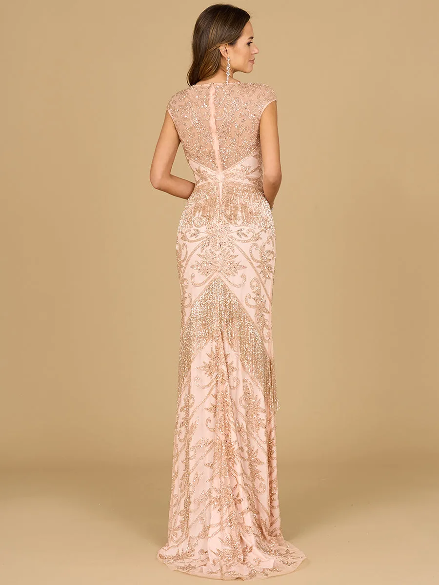 Cap Sleeve Beaded Gown with Fringe by Lara New York — style 29098