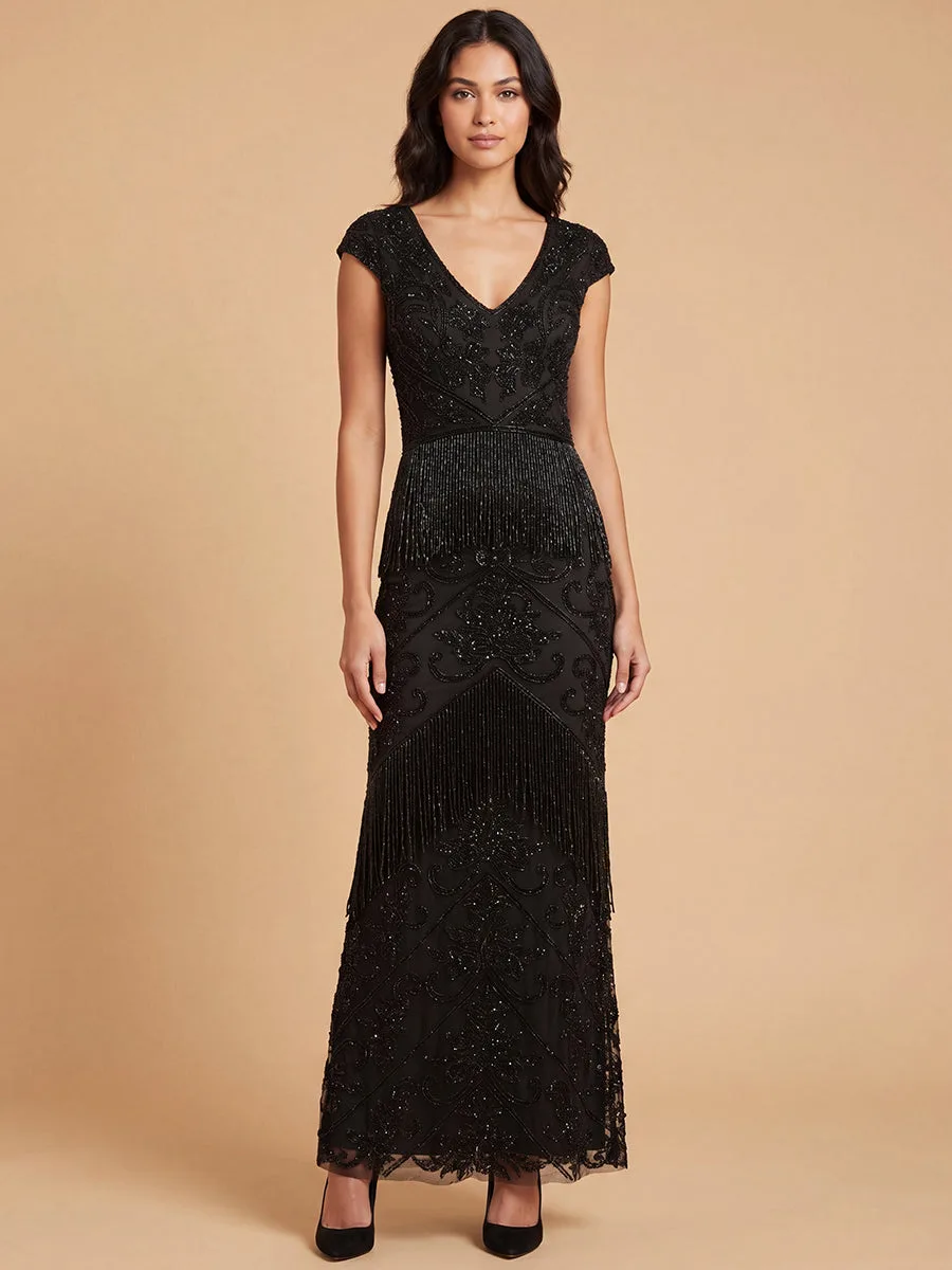 Cap Sleeve Beaded Gown with Fringe by Lara New York — style 29098 in Black