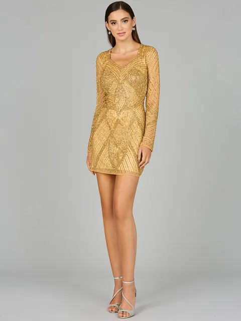 Long Sleeve Beaded Cocktail Dress