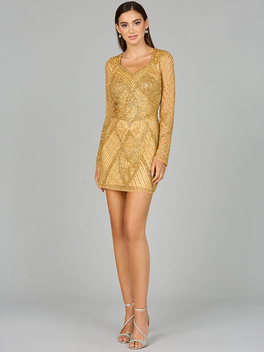 Long Sleeve Beaded Cocktail Dress by Lara New York — style 29103 in Gold