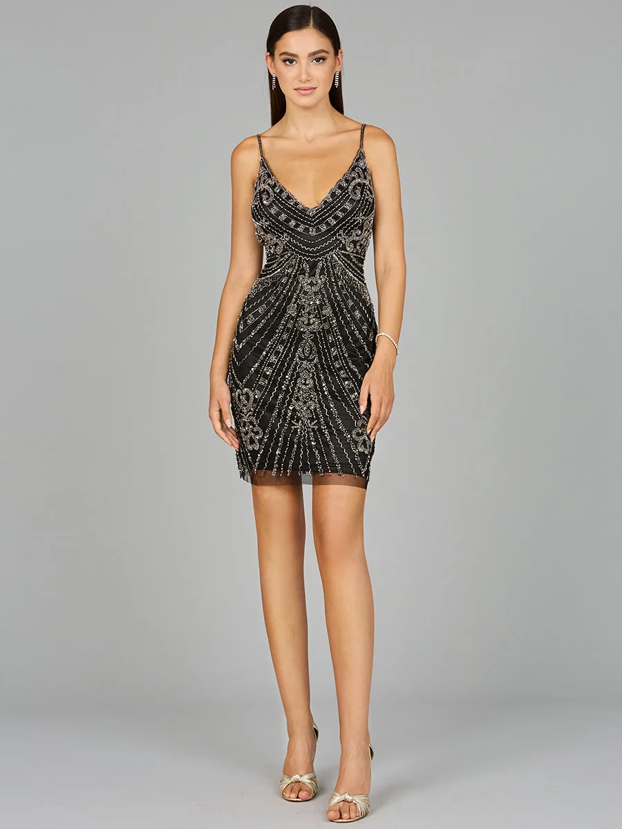 Embellished Cocktail Dress with V-Neckline by Lara New York — style 29108 in Black