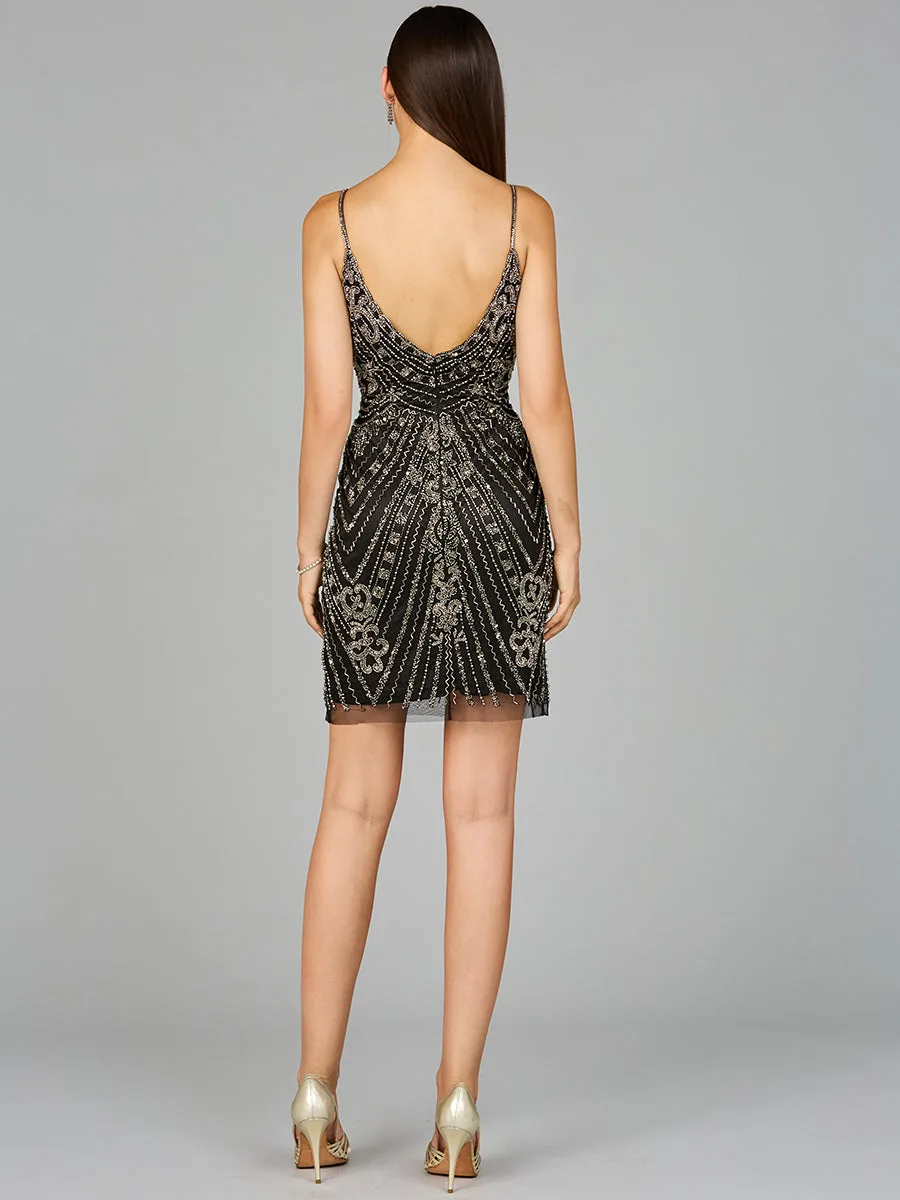 Embellished Cocktail Dress with V-Neckline by Lara New York — style 29108