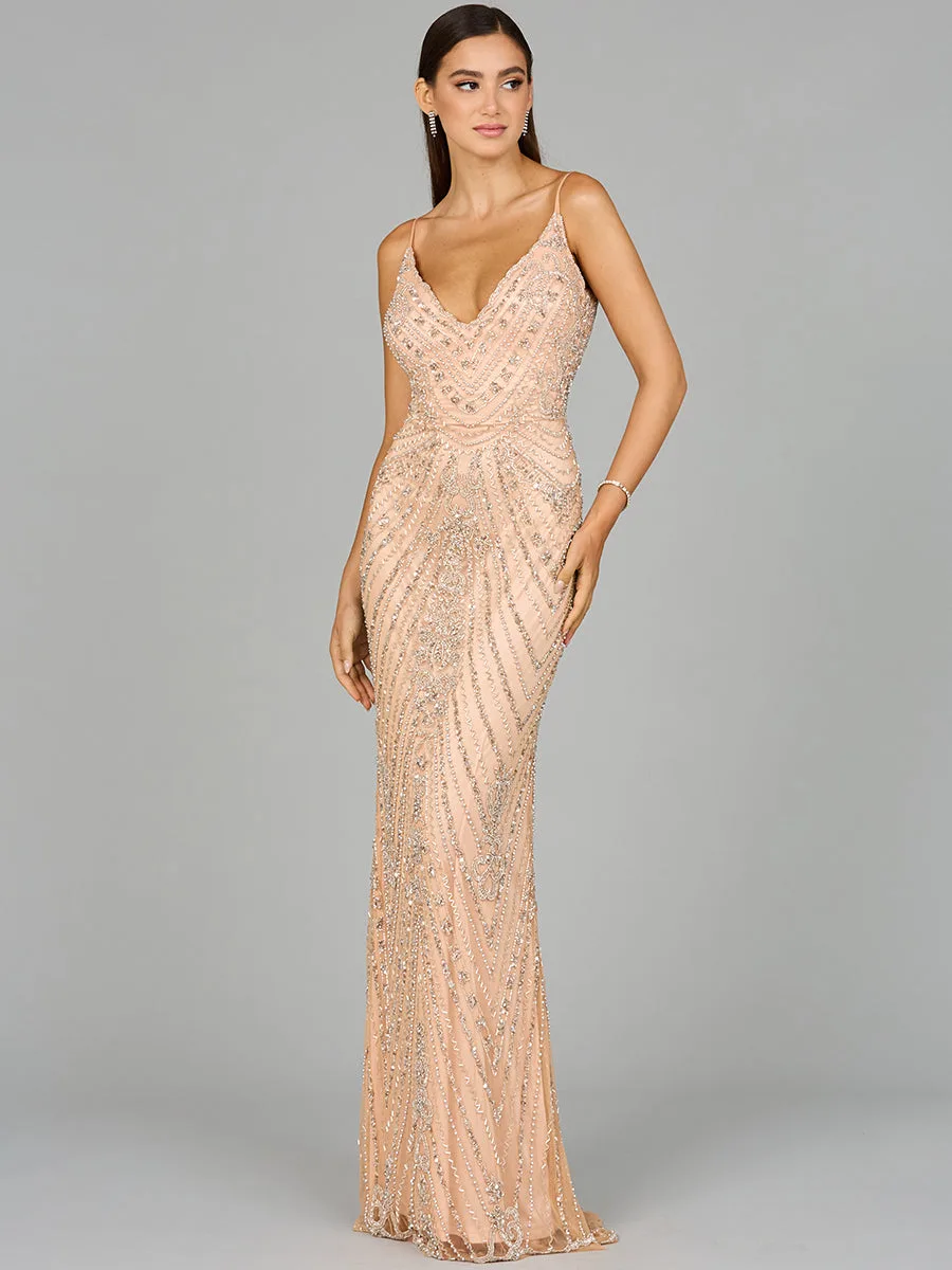 Spaghetti Strap Beaded Dress by Lara New York — style 29109 in Blush/Silver