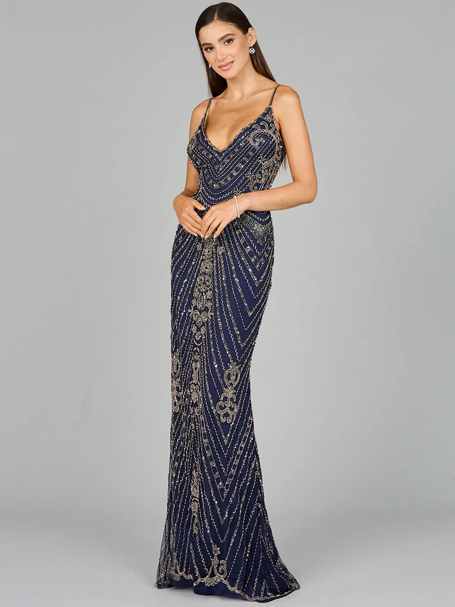 Spaghetti Strap Beaded Dress by Lara New York — style 29109 in Navy/Gunmetal