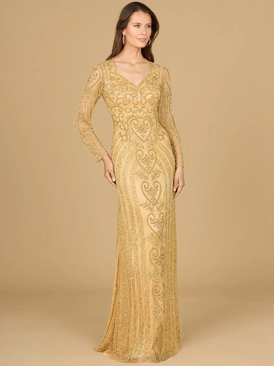 V Neck Beaded Long Sleeve Dress by Lara New York — style 29114 in Gold