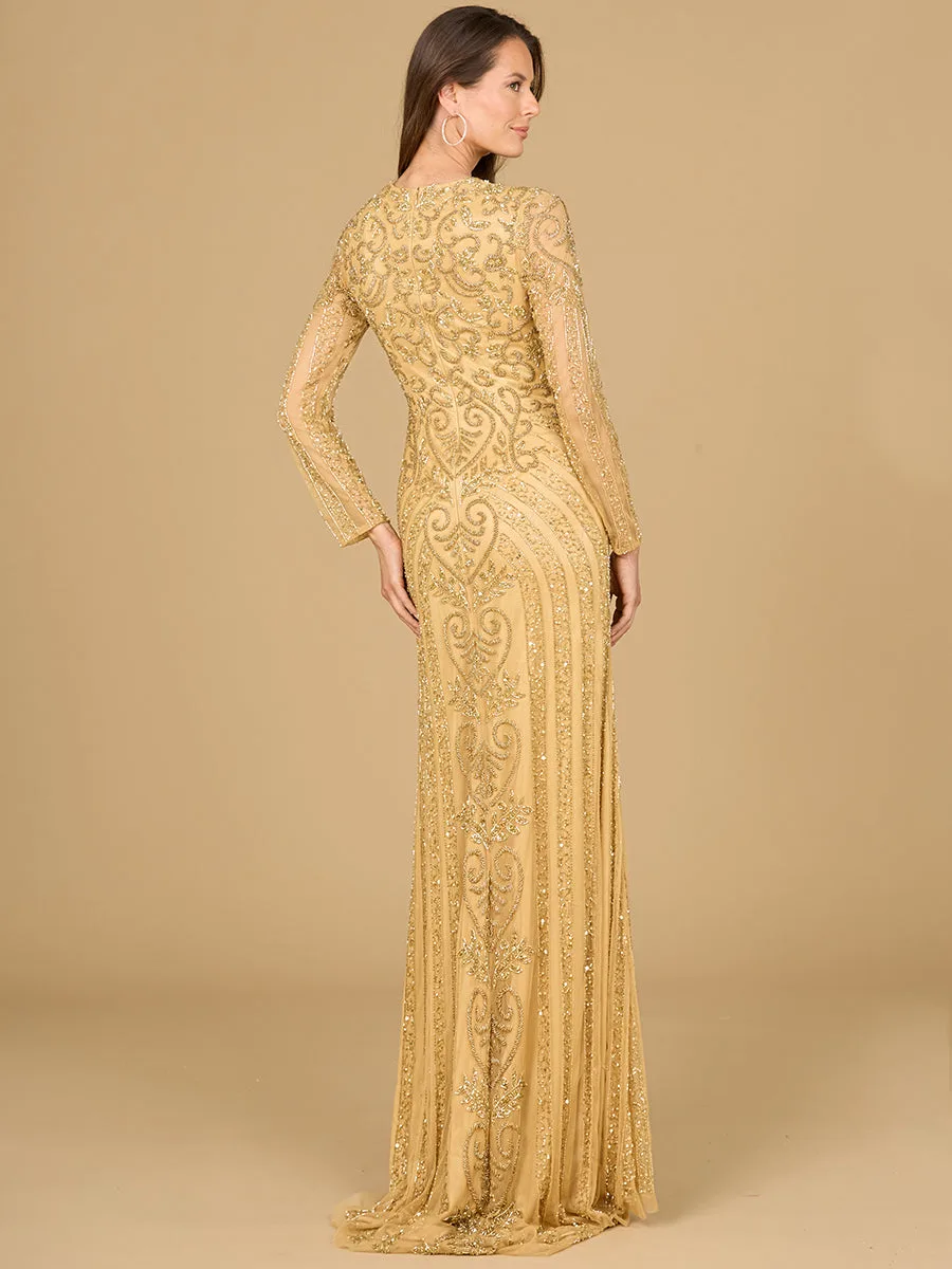 V Neck Beaded Long Sleeve Dress by Lara New York — style 29114