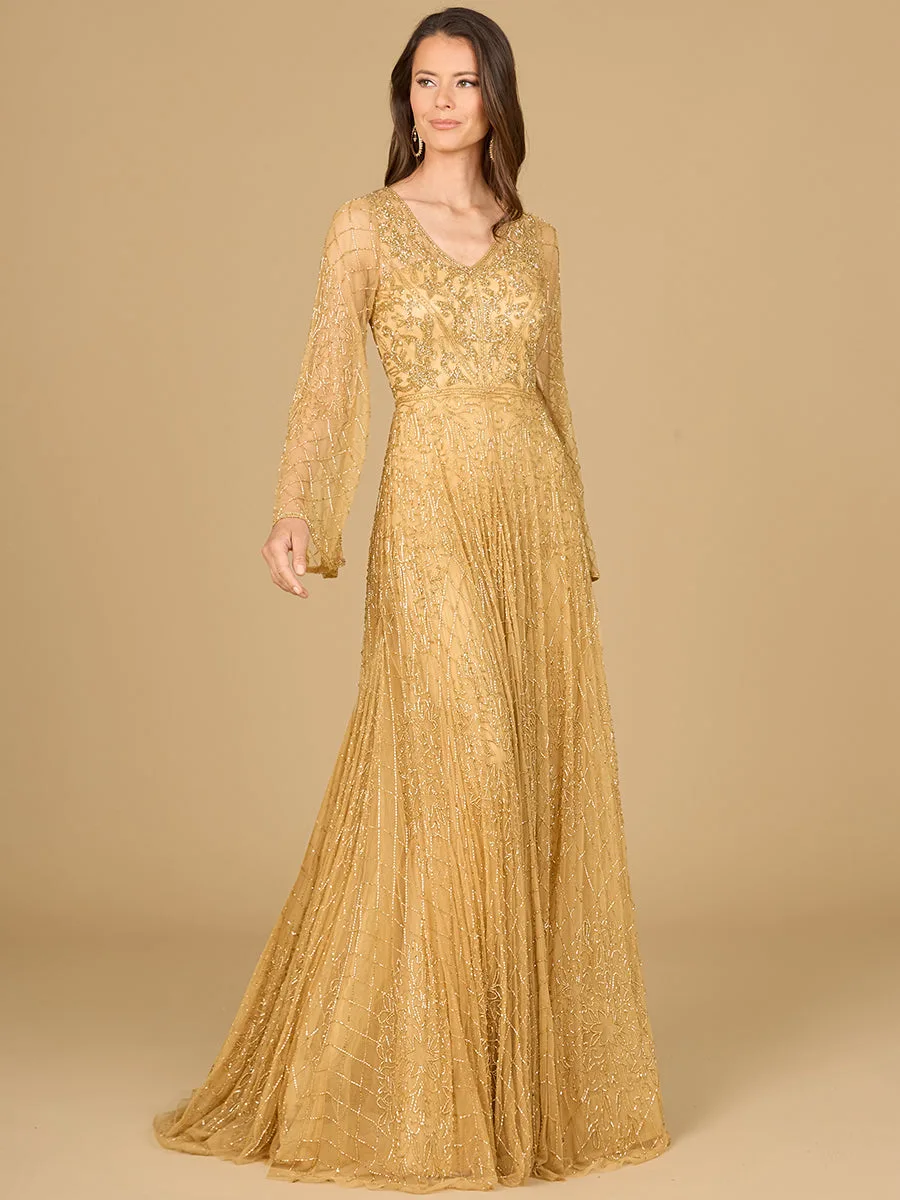 Beaded Long Dress with Flare Sleeves by Lara New York — style 29115 in Gold