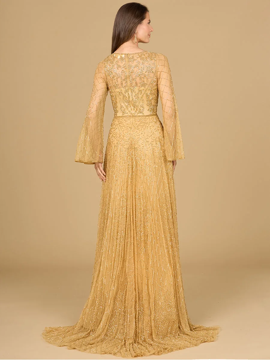 Beaded Long Dress with Flare Sleeves by Lara New York — style 29115