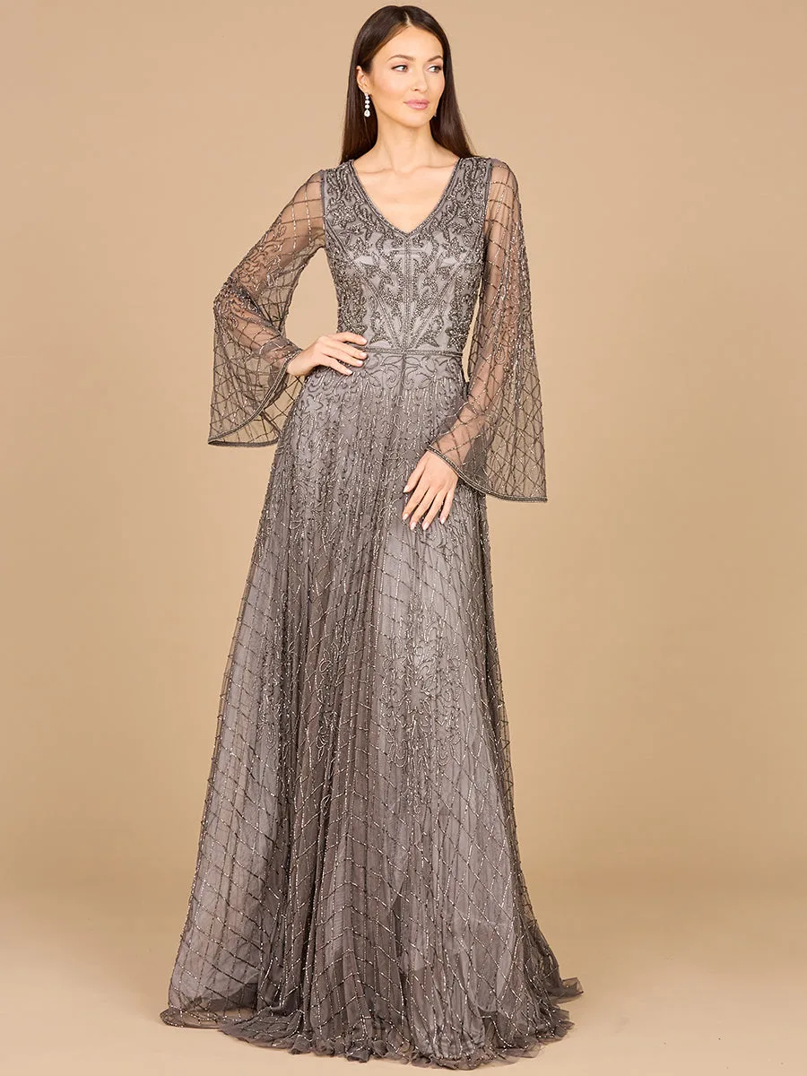 Beaded Long Dress with Flare Sleeves by Lara New York — style 29115 in Grey