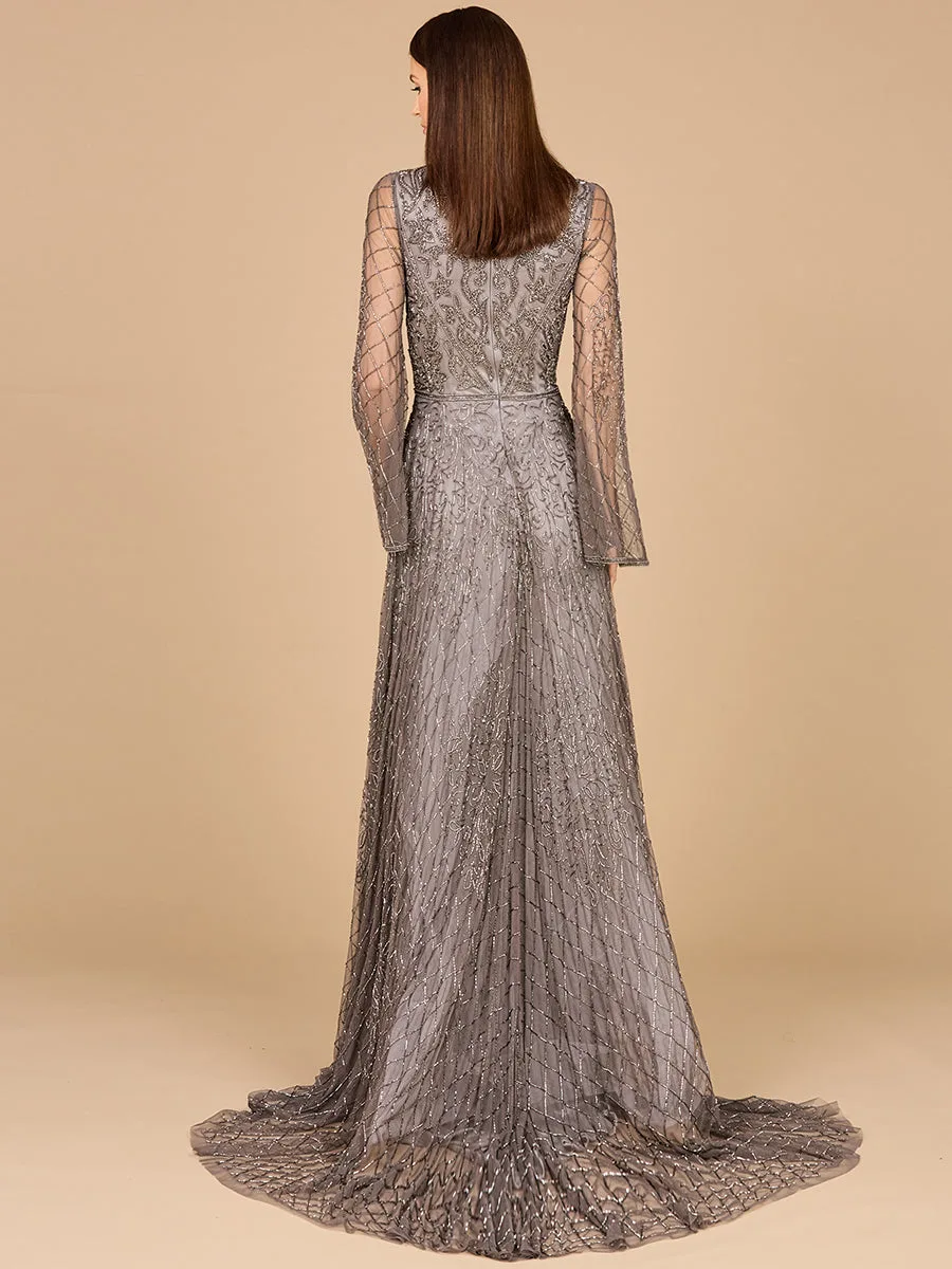 Beaded Long Dress with Flare Sleeves by Lara New York — style 29115