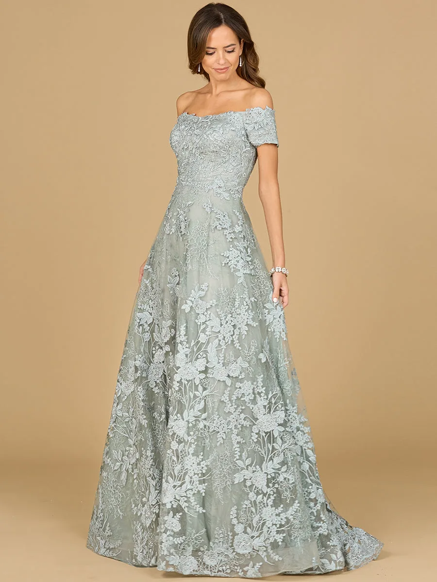 Off Shoulder A-Line Gown by Lara New York — style 29122 in Silver/Sage
