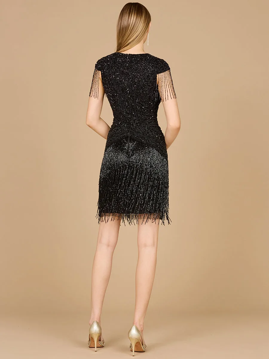 Beaded Fringe Short Dress with Cap Sleeves by Lara New York — style 29123