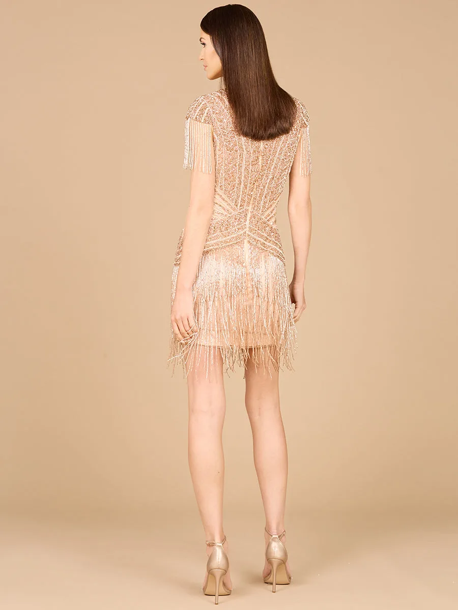 Beaded Fringe Short Dress with Cap Sleeves by Lara New York — style 29123
