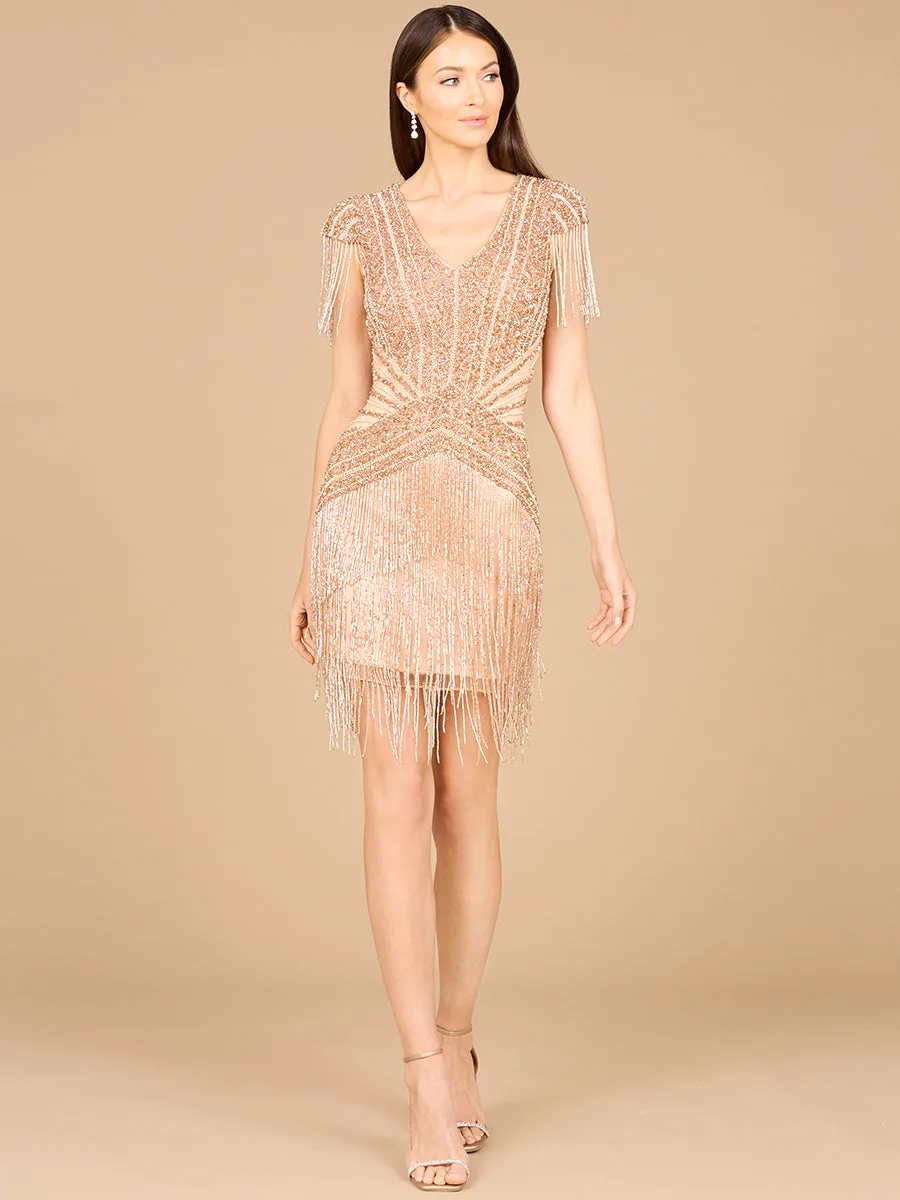 Beaded Fringe Short Dress with Cap Sleeves by Lara New York — style 29123 in Rose Gold