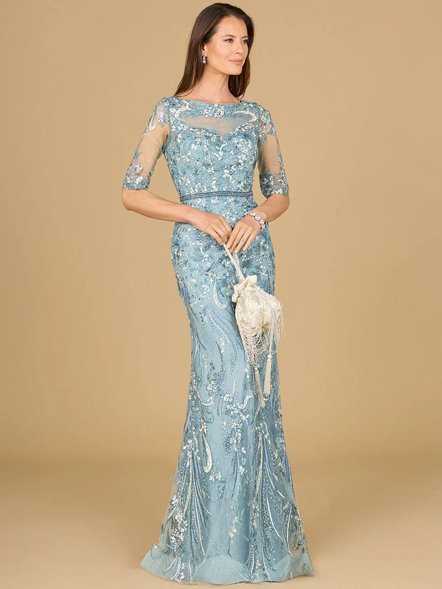 Short Sleeve Lace Fitted Gown by Lara New York — style 29129 in Dusty Blue
