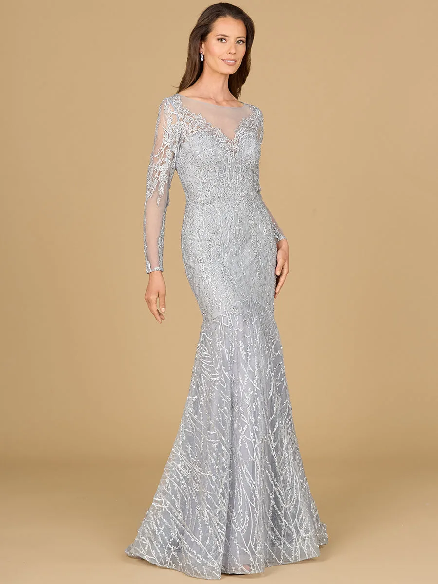 Mermaid, Long Sleeve Lace Gown by Lara New York — style 29131 in Silver