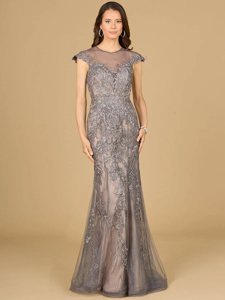 Sheath Lace Gown with Cap Sleeves by Lara New York — style 29134 in Charcoal