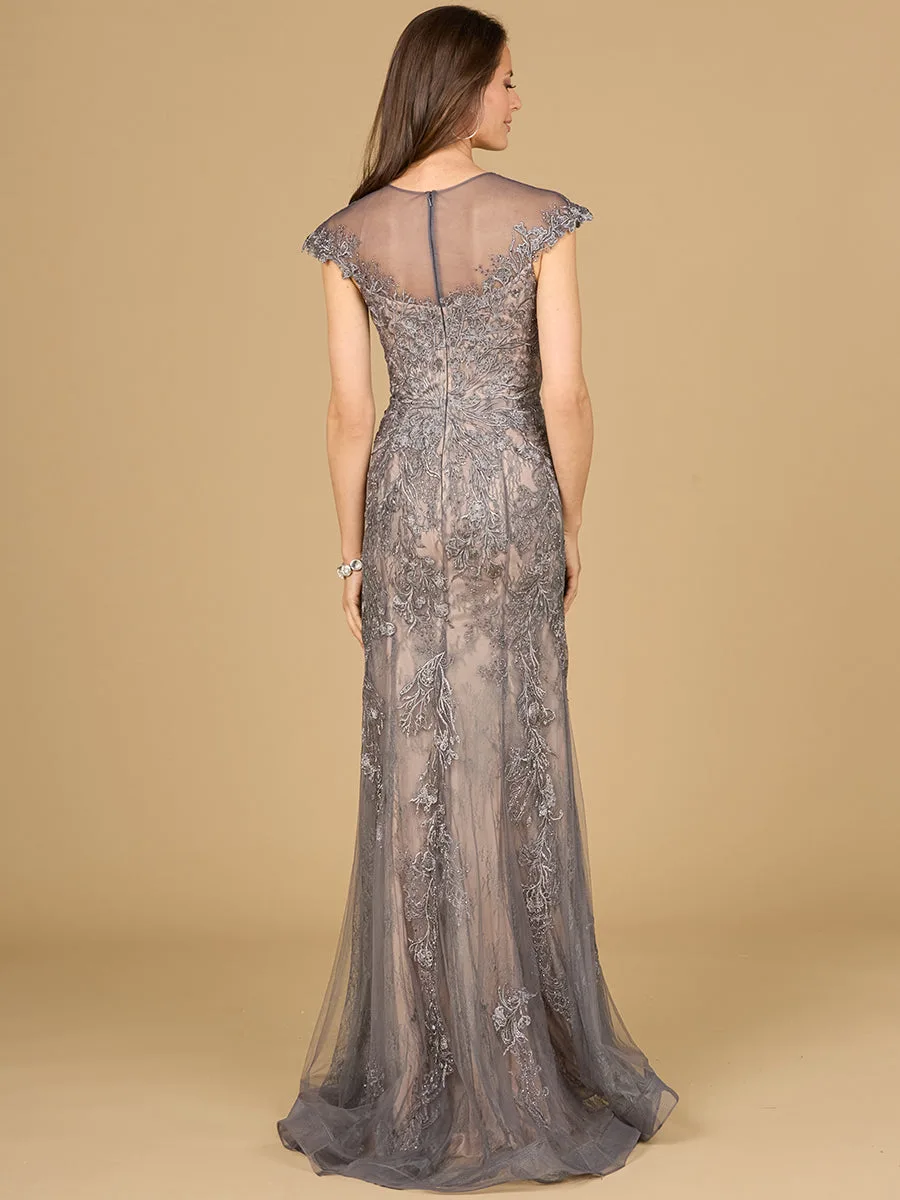 Sheath Lace Gown with Cap Sleeves by Lara New York — style 29134