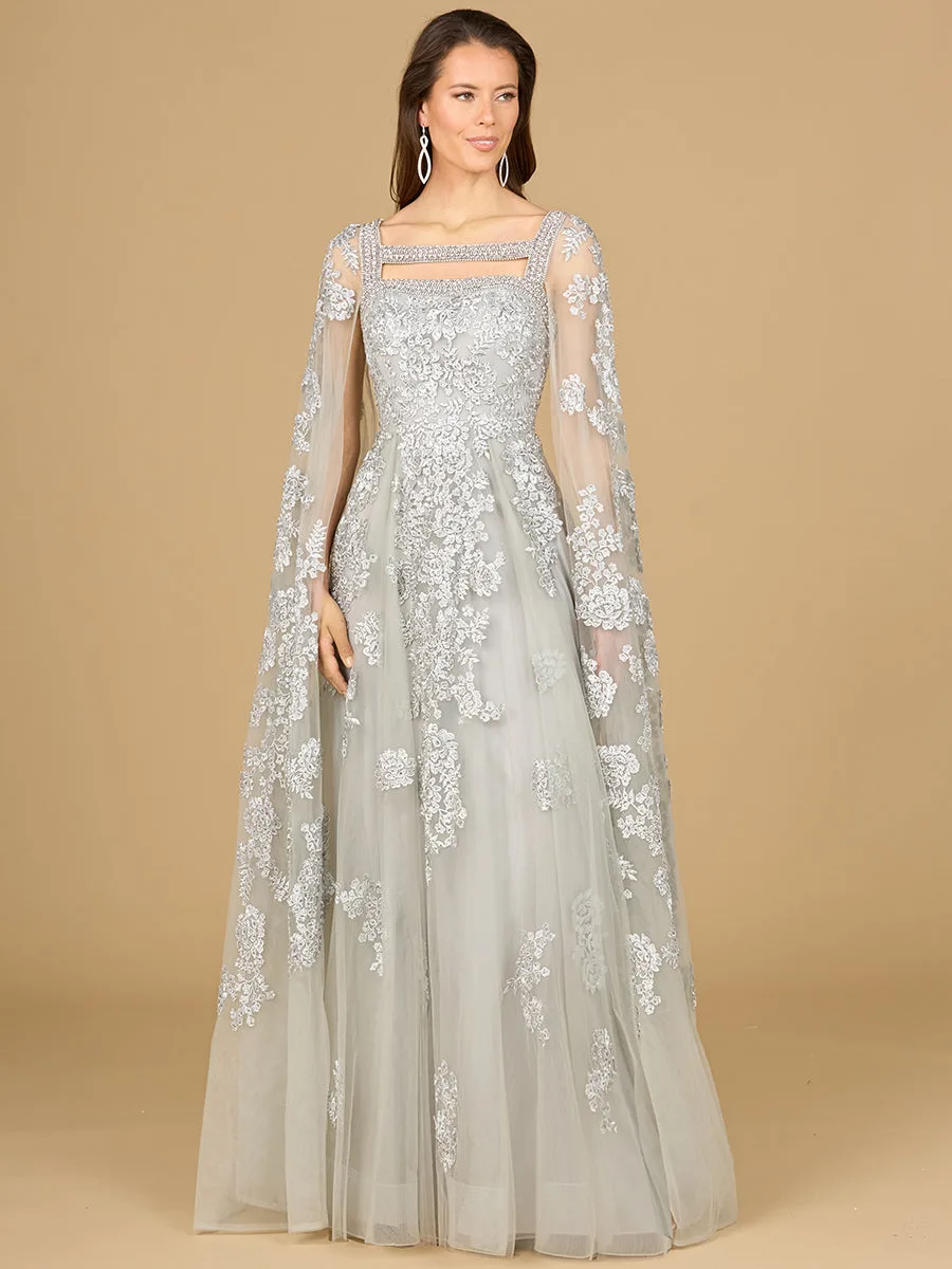 Lace Embroidered Gown with Long Cape Sleeves by Lara New York — style 29138 in Silver