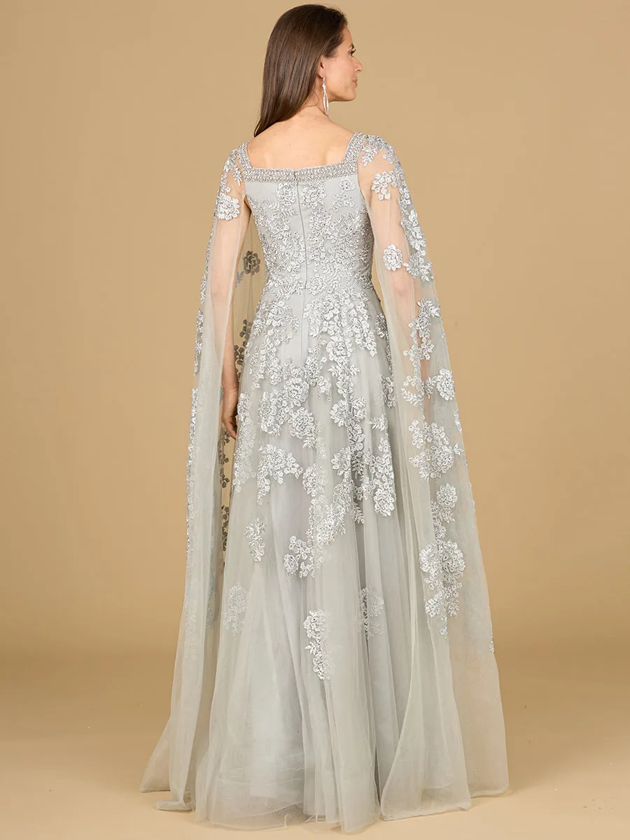 Lace Embroidered Gown with Long Cape Sleeves by Lara New York — style 29138