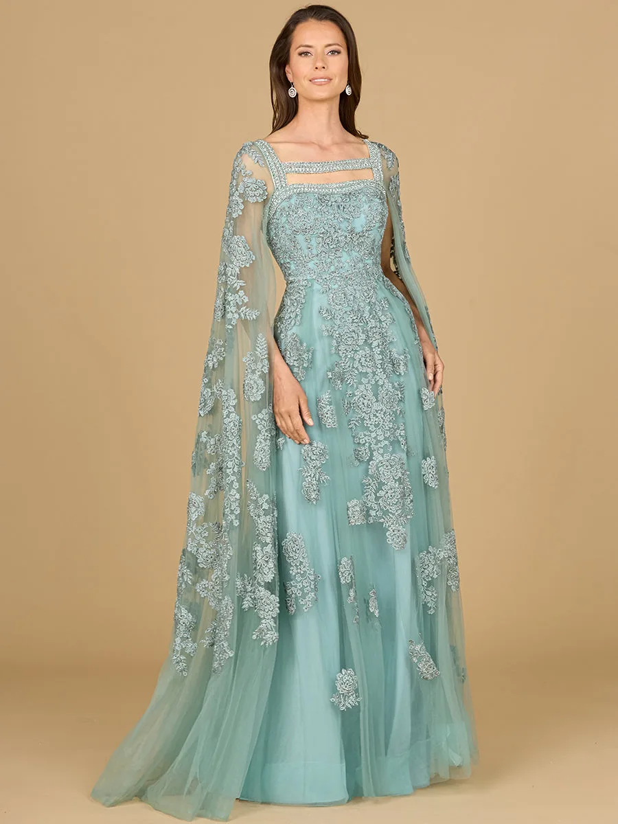 Lace Embroidered Gown with Long Cape Sleeves by Lara New York — style 29138 in Dark Sage