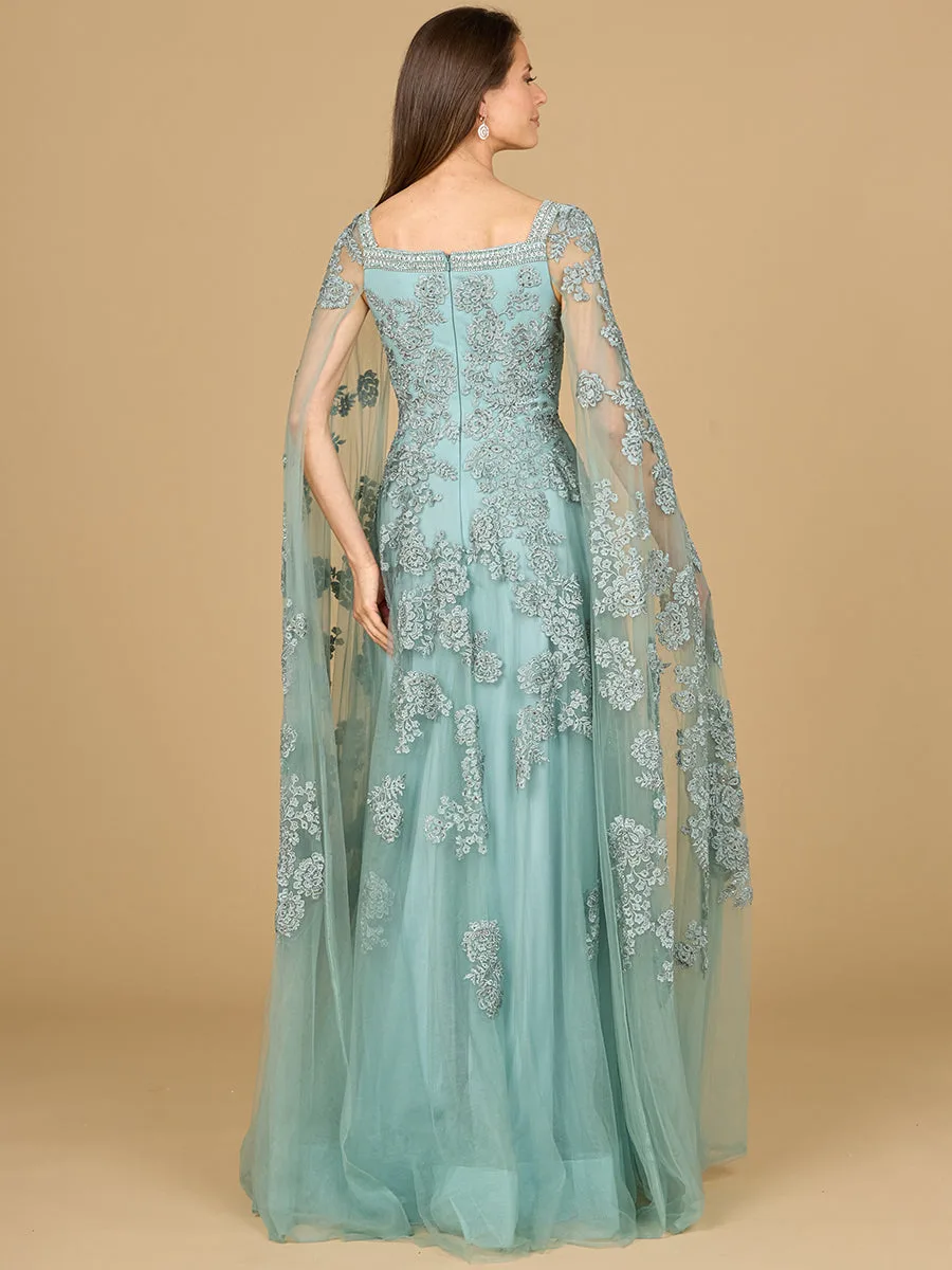 Lace Embroidered Gown with Long Cape Sleeves by Lara New York — style 29138