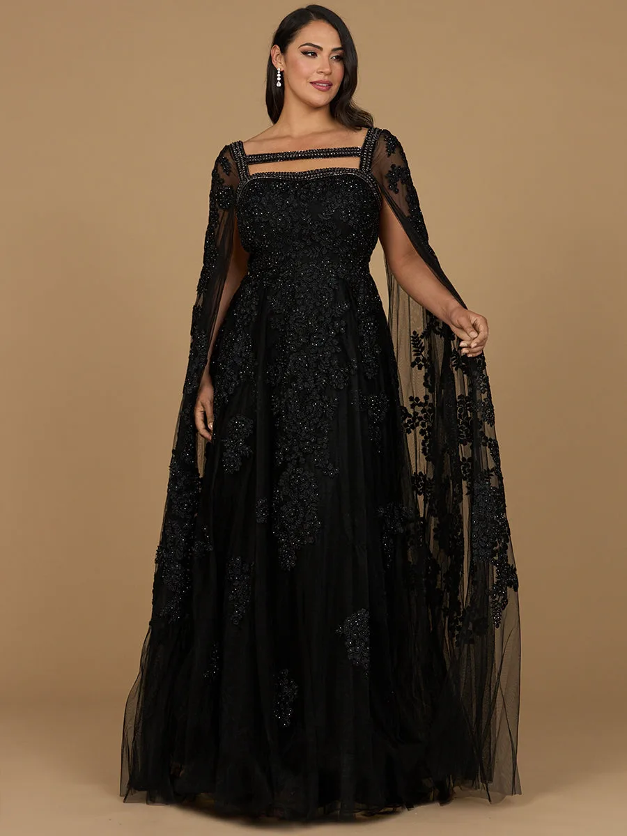 Lace Embroidered Gown with Long Cape Sleeves by Lara New York — style 29138 in Black