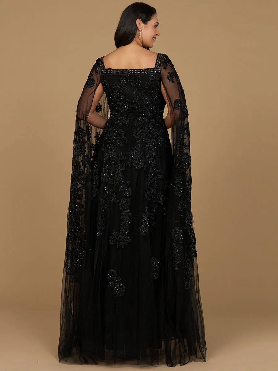 Lace Embroidered Gown with Long Cape Sleeves by Lara New York — style 29138