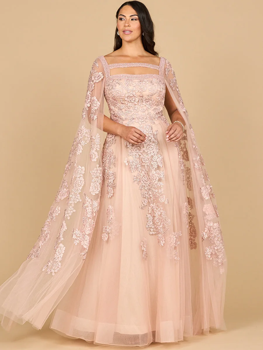 Lace Embroidered Gown with Long Cape Sleeves by Lara New York — style 29138 in Blush