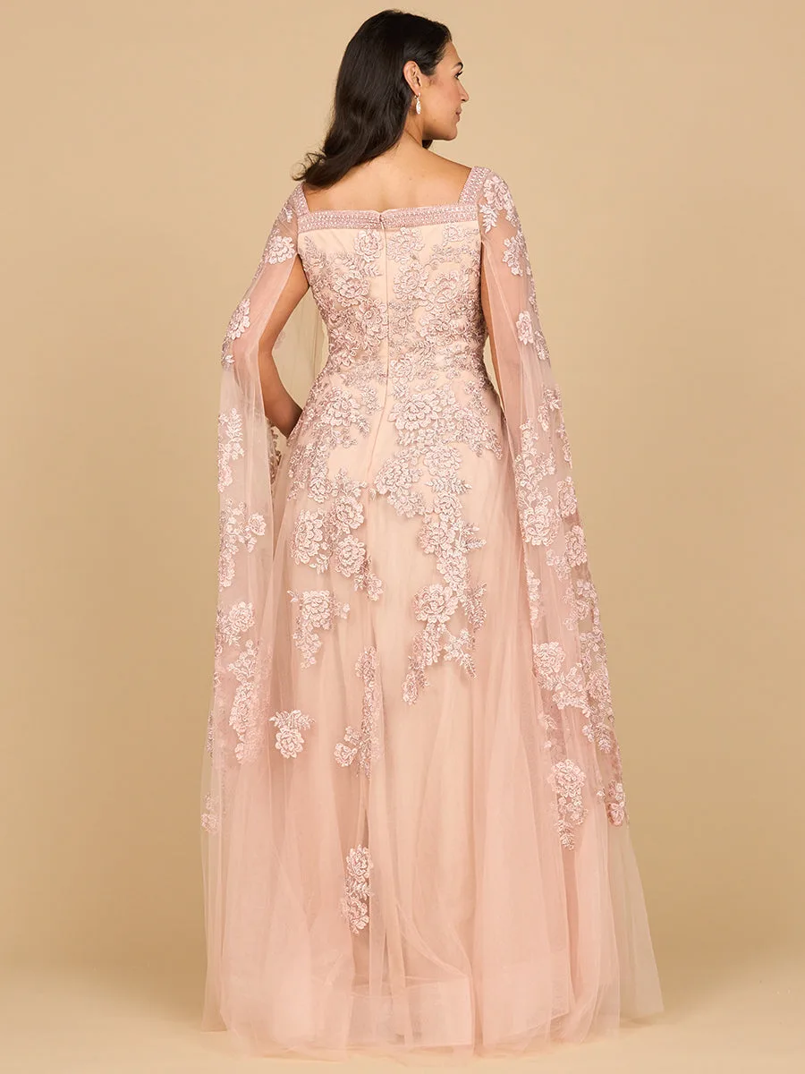 Lace Embroidered Gown with Long Cape Sleeves by Lara New York — style 29138