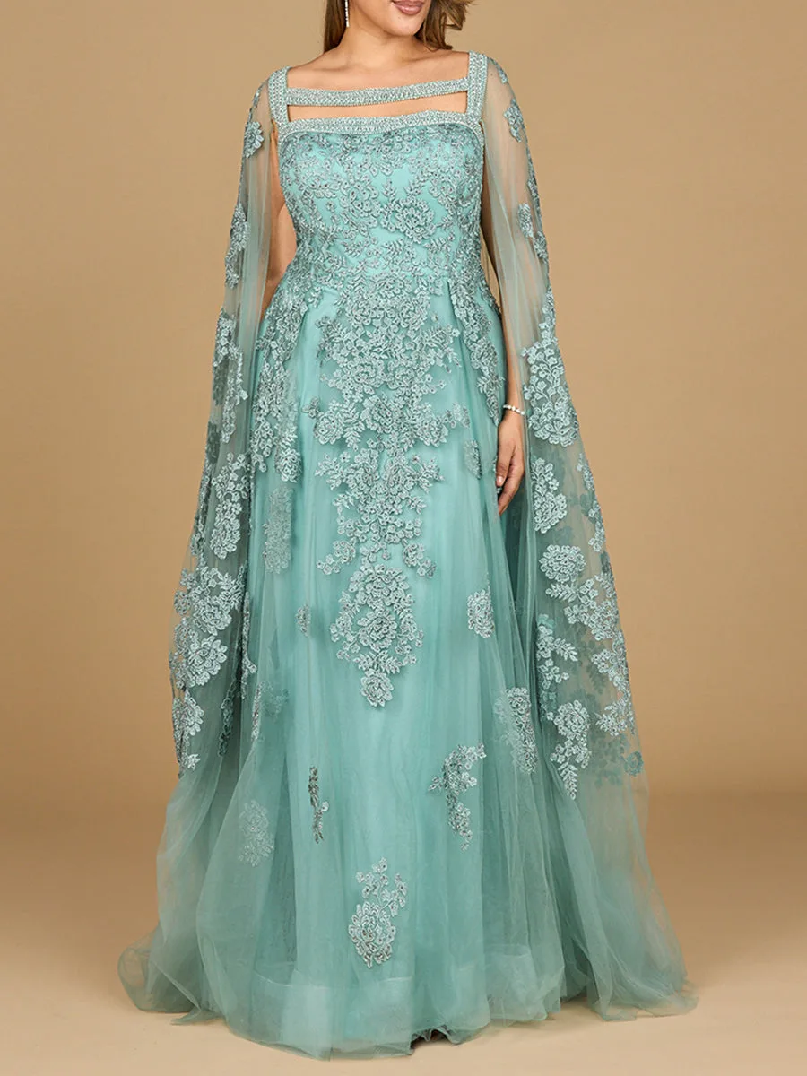 Lace Embroidered Gown with Long Cape Sleeves by Lara New York — style 29138