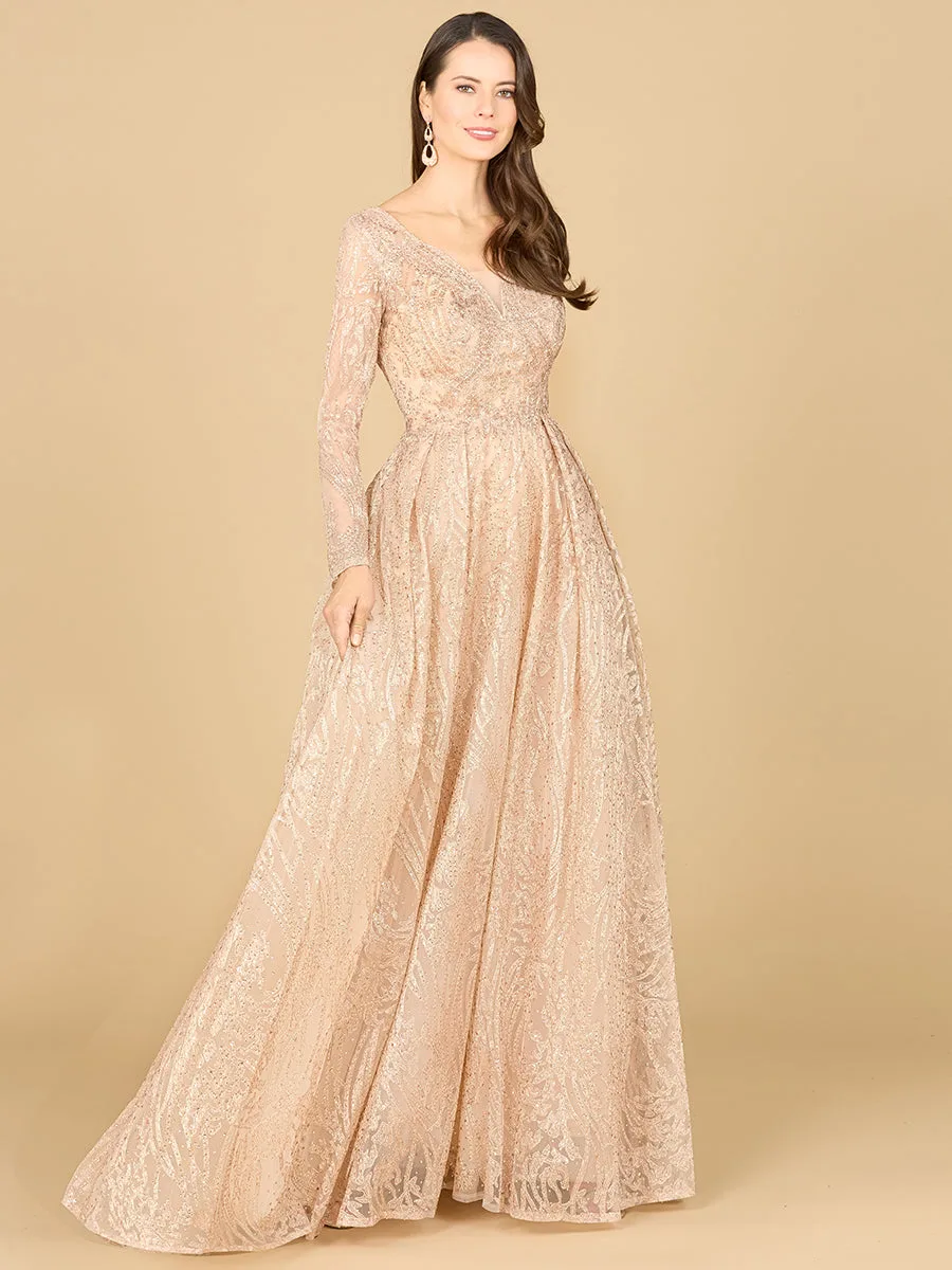Long Sleeve, A-line Gown with a V-Neckline by Lara New York — style 29142 in Champagne