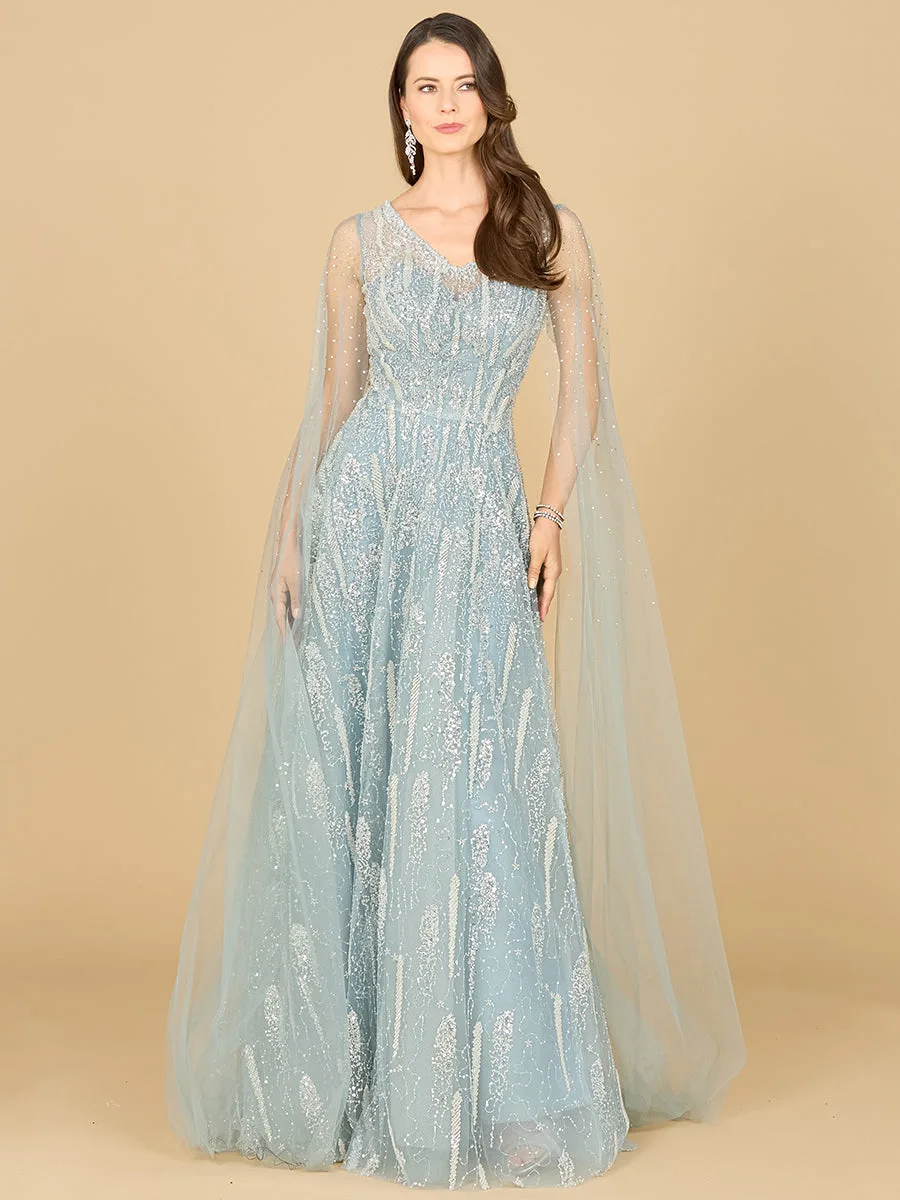 Lace Gown with Cape Sleeves and V-neckline by Lara New York — style 29143 in Dusty Blue