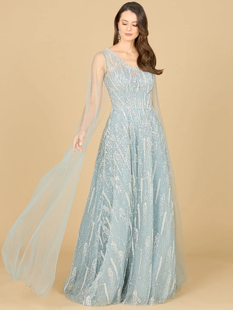 Lace Gown with Cape Sleeves and V-neckline by Lara New York — style 29143