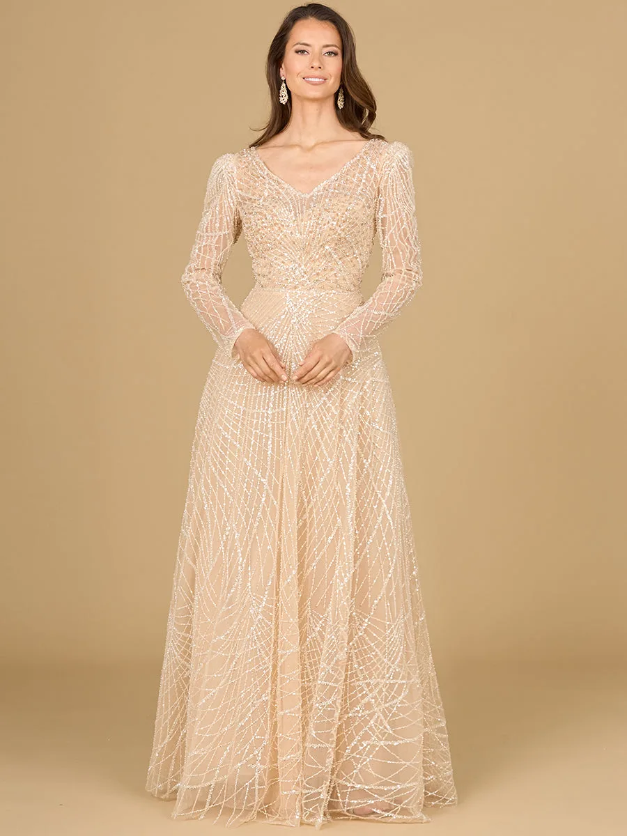 Long Sleeve V-Neck Ballgown by Lara New York — style 29149 in Champagne