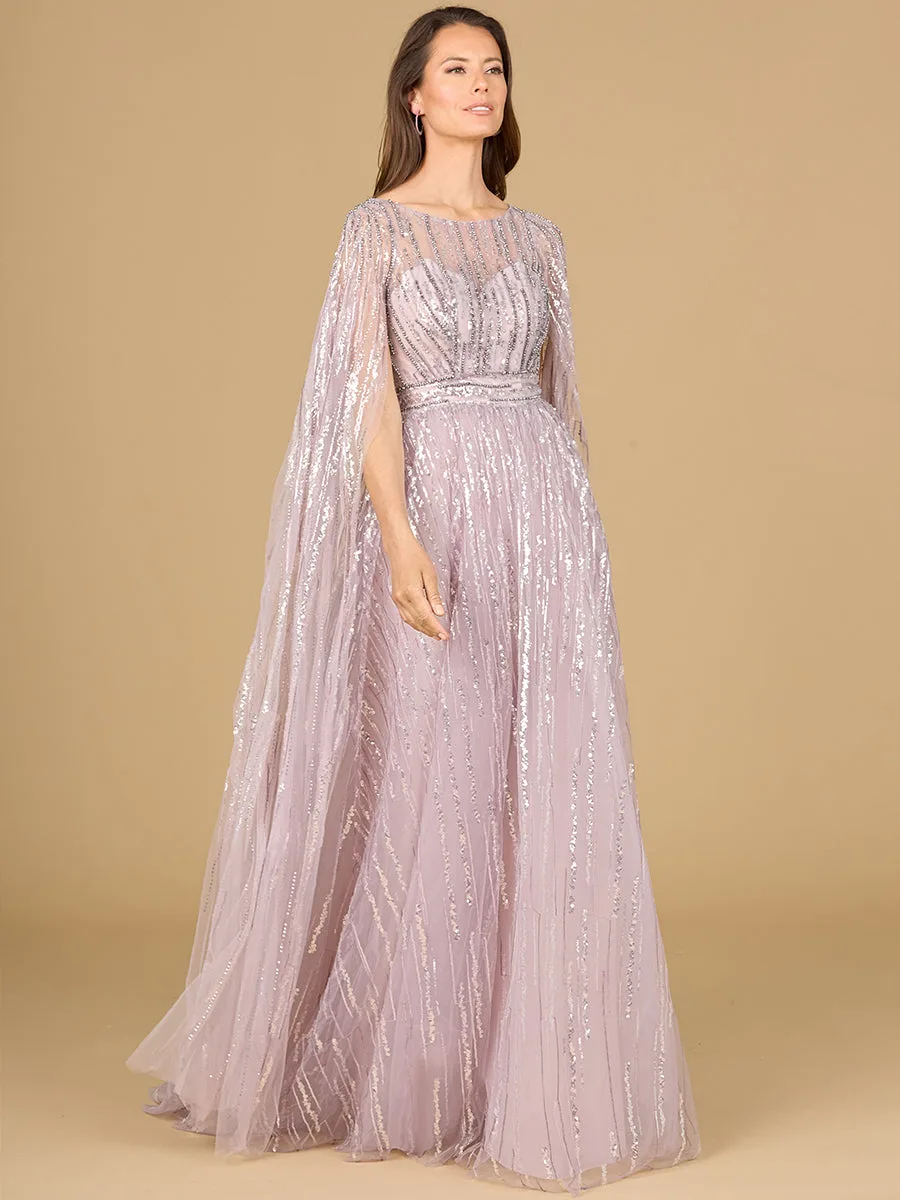 A-line Gown with Long Cape Sleeves by Lara New York — style 29150 in Orchid