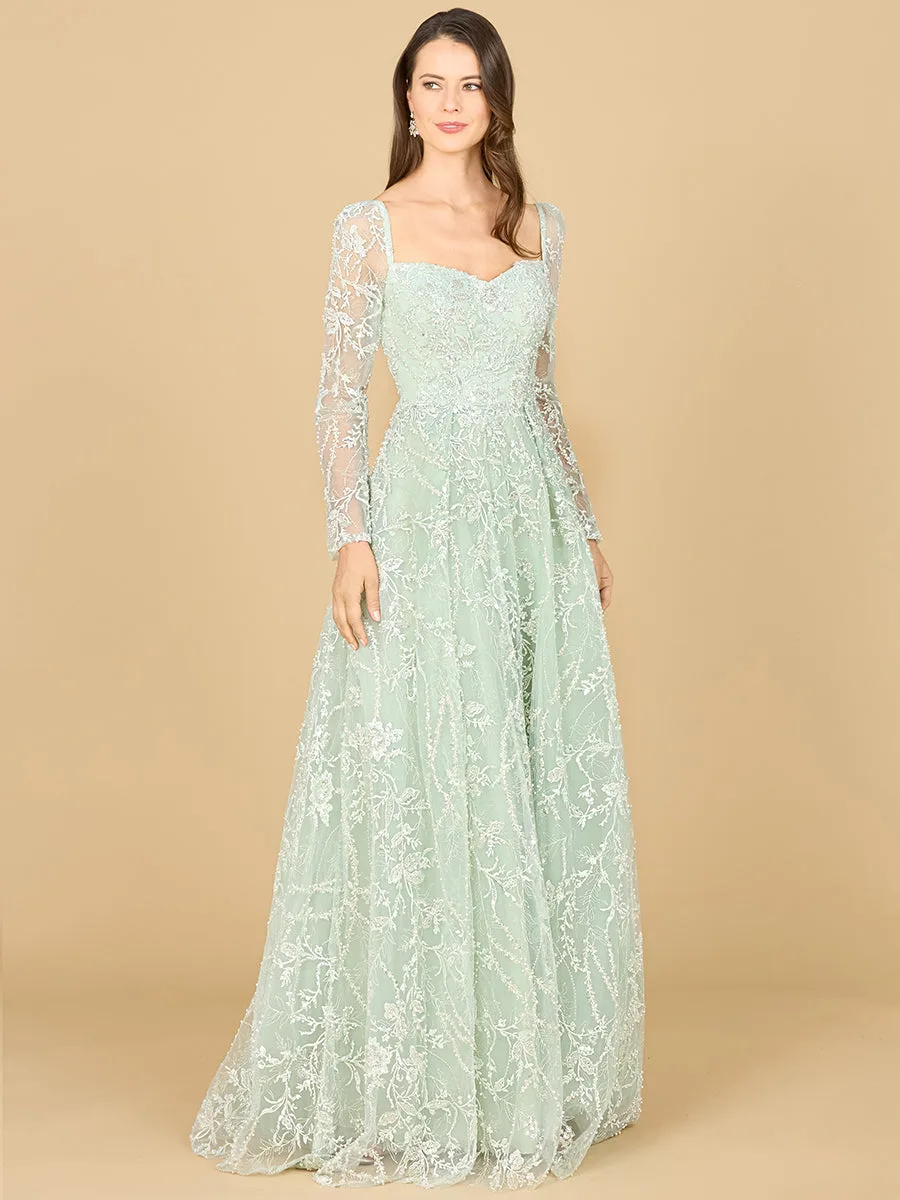 Long Sleeve Beaded Lace Gown by Lara New York — style 29151 in Dusty Sage