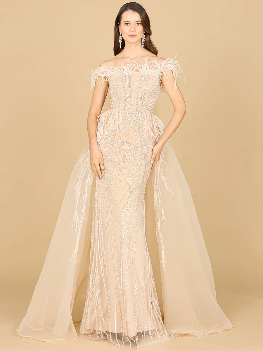 Off Shoulder Gown with Feathers by Lara New York — style 29161 in Champagne