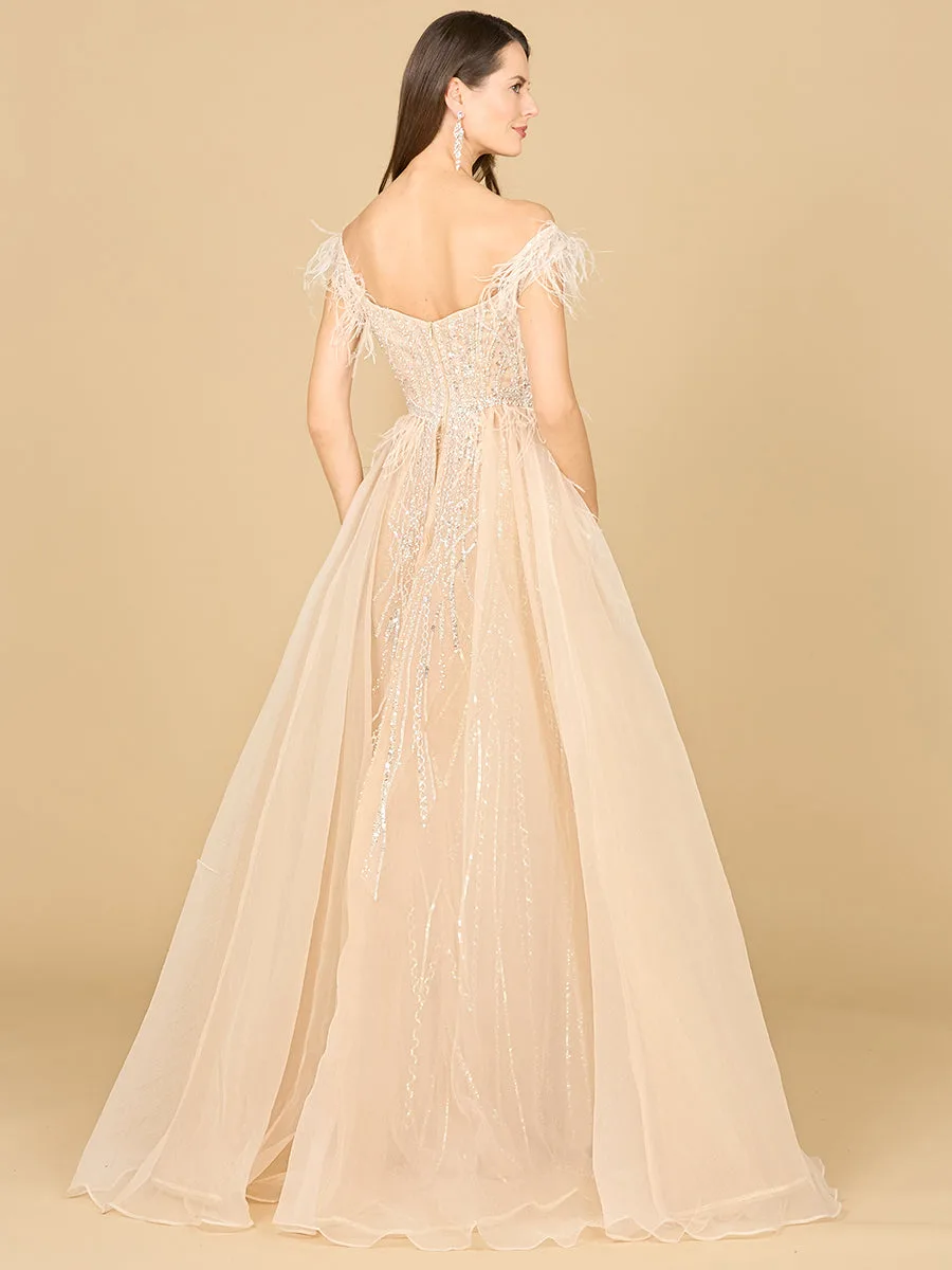 Off Shoulder Gown with Feathers by Lara New York — style 29161