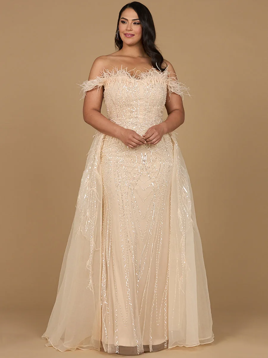 Off Shoulder Gown with Feathers by Lara New York — style 29161