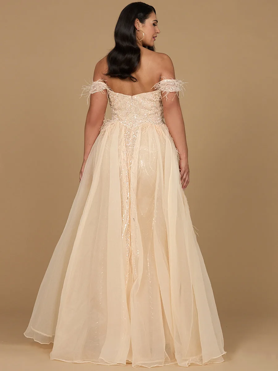 Off Shoulder Gown with Feathers by Lara New York — style 29161