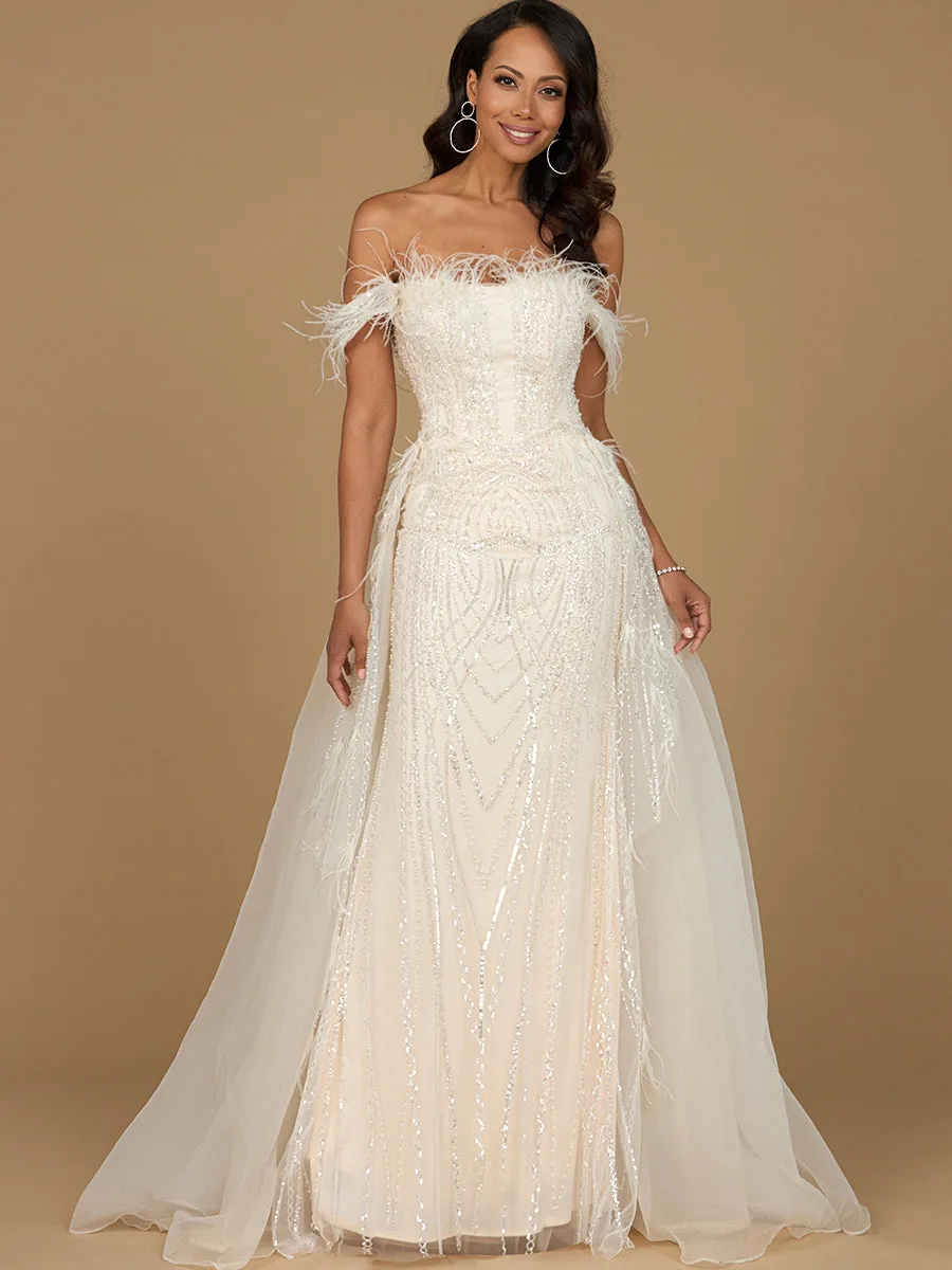 Off Shoulder Gown with Feathers by Lara New York — style 29161 in Ivory