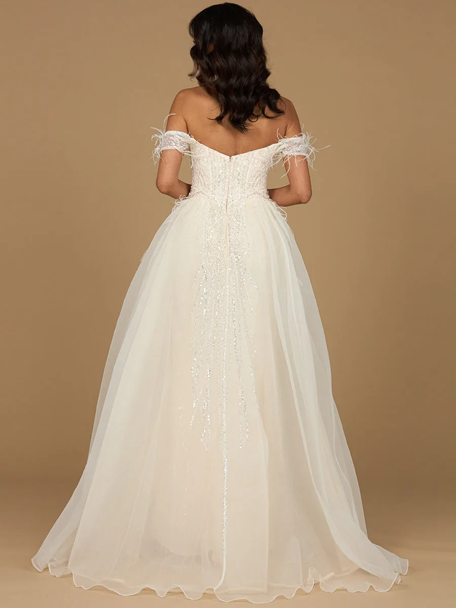 Off Shoulder Gown with Feathers by Lara New York — style 29161